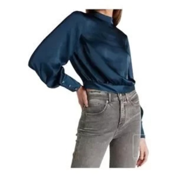 Express Long Sleeve Mock Neck Satin Blouse Open Tie Back Size Medium Rhinestone - Picture 8 of 12